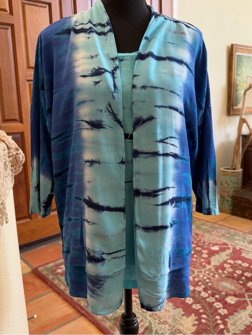 Impulse California Art Deco Lightweight Open Front Cardigan Kimono Tank Set M